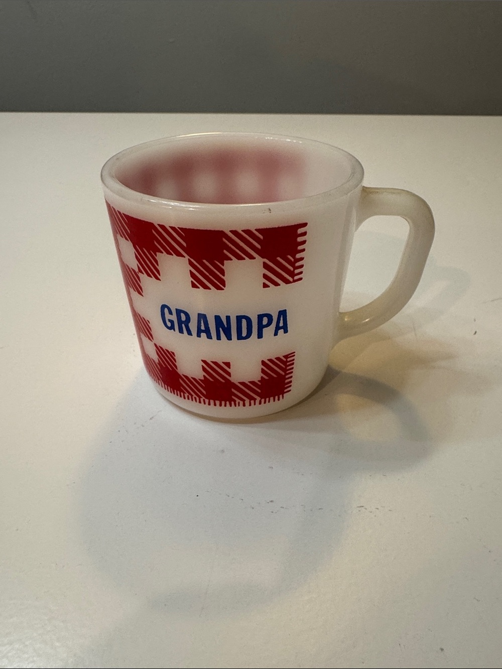Vintage Grandpa Red Plaid Milk Glass Coffee Mug